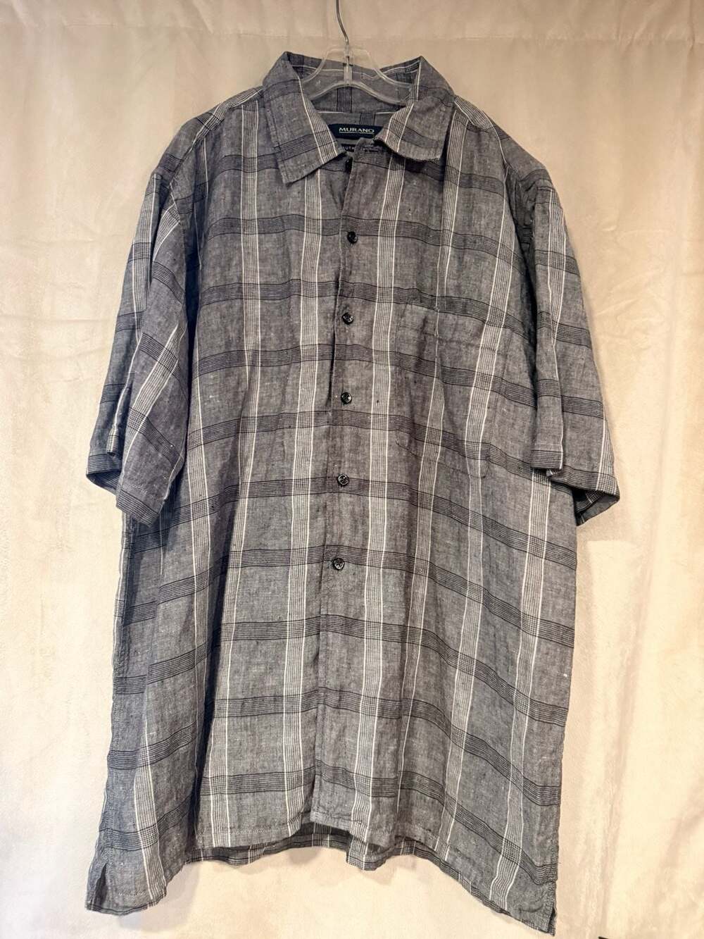 Murano Authentic Irish Linen Plaid Short Sleeve Button Down Shirt